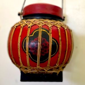 Vintage East Asian Wood Wicker Wrapped Rice Holder with Domed Lid